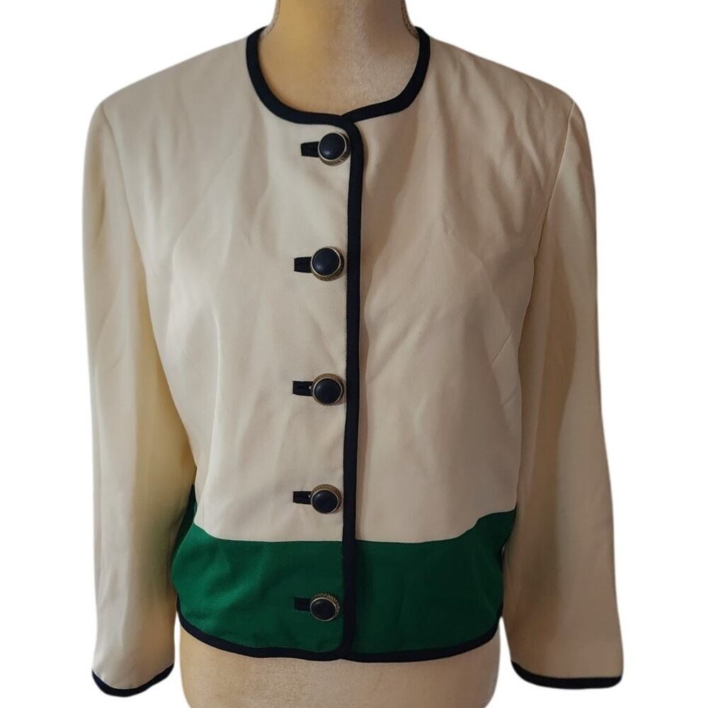 Talbots Cream Green Black Large Button Down Blazer Career Shacket Size 8